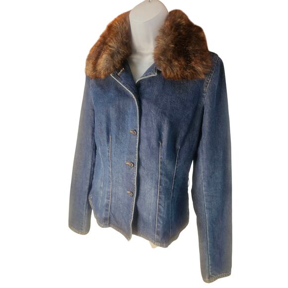 Ralph Lauren Denim Jacket Sz Sm Y2K Faux Fur Stitching Button Up - Picture 3 of 6